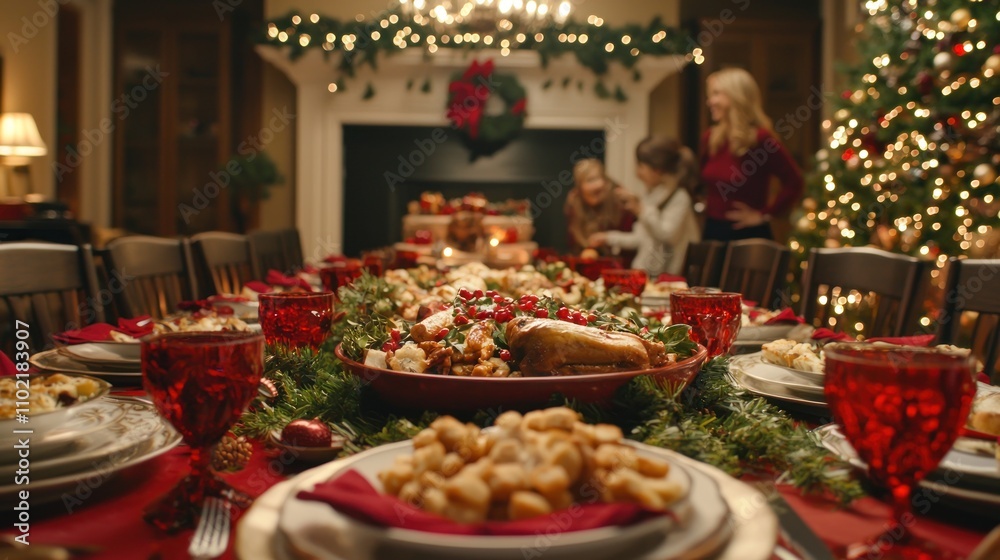 A stunning long dining table filled with holiday dishes, surrounded by family members celebrating together. A stunning long dining table filled with holiday dishes, surrounded by family members celebrating together.