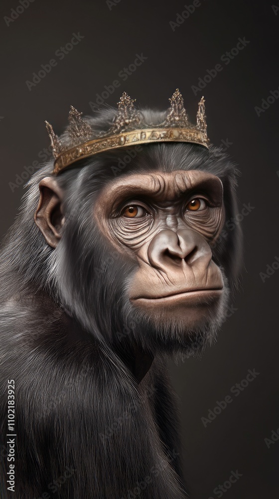Majestic gorilla king adorned with a crown gazes powerfully at the viewer in stunning photorealistic detail Majestic gorilla king adorned with a crown gazes powerfully at the viewer in stunning photorealistic detail