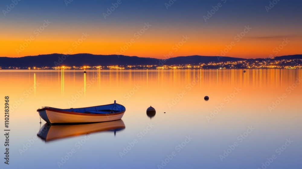 Fototapeta premium Serene Lakeside Sunset with Tranquil Boat