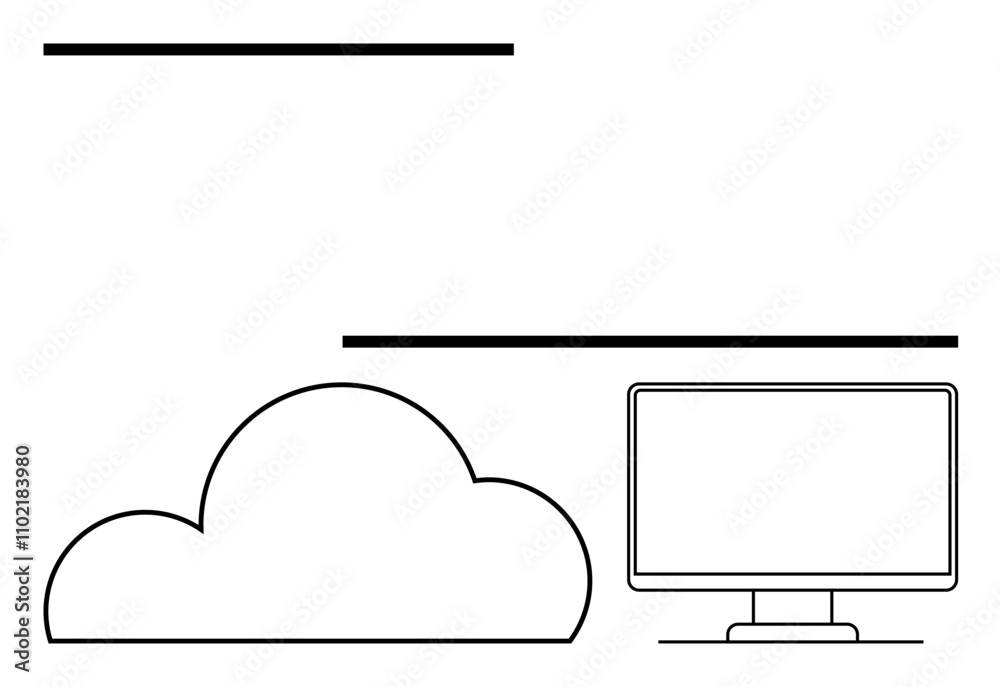 Simple cloud icon next to a computer monitor representing cloud computing and digital storage. Ideal for tech presentations, IT services, online storage, data management, cloud platforms, digital