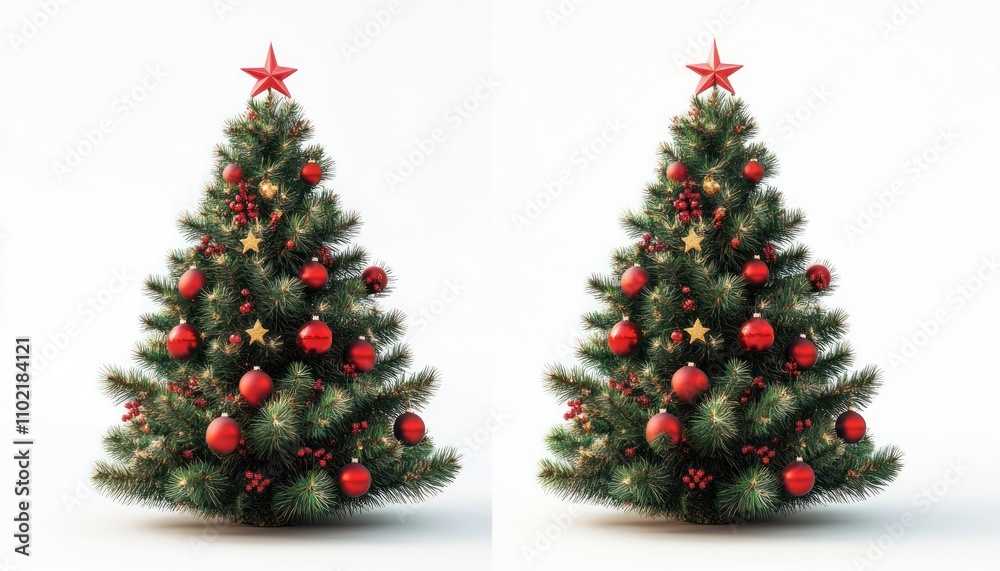 Two decorated Christmas trees with red and gold ornaments, a star, and red berries, isolated on a white background. Two decorated Christmas trees with red and gold ornaments, a star, and red berries, isolated on a white background.