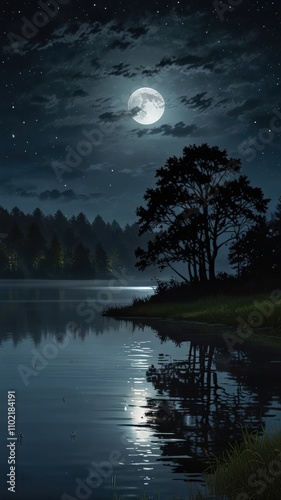 Beautiful moon over a mountain lake