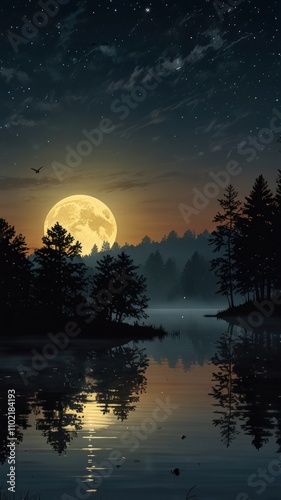Full moon rising over forest and lake