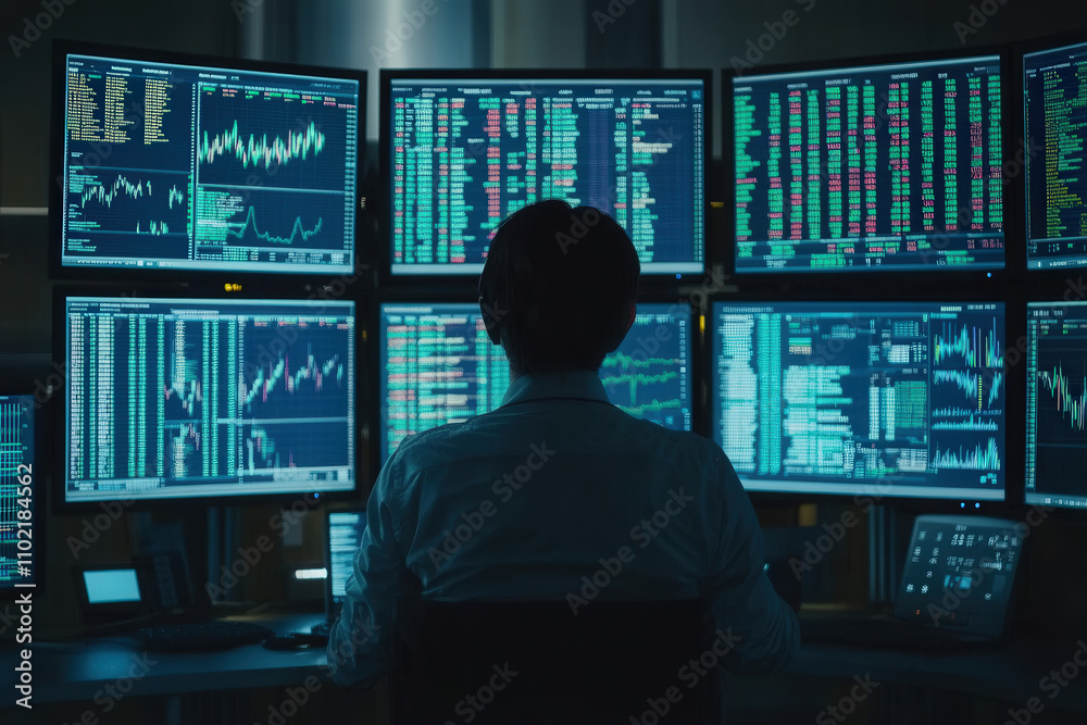Trader Analyzing Multiple Stock Monitors Trader Analyzing Multiple Stock Monitors