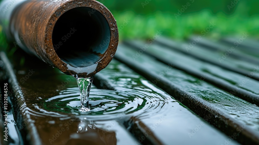 Rainwater cascades from a pipe into a puddle, capturing the essence of a stormy day Rainwater cascades from a pipe into a puddle, capturing the essence of a stormy day
