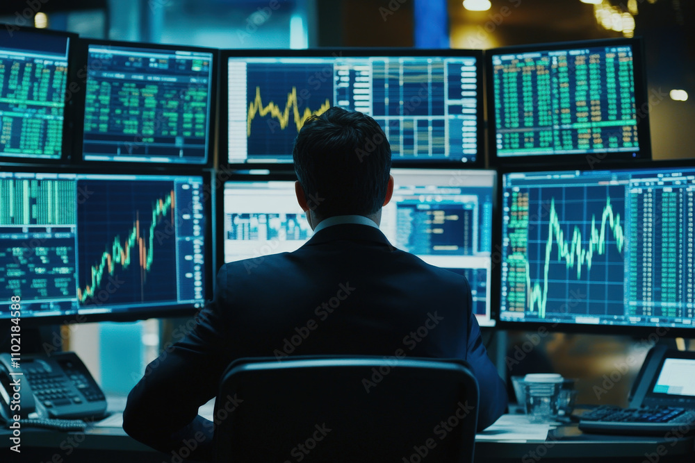 Trader Analyzing Multiple Stock Monitors Trader Analyzing Multiple Stock Monitors