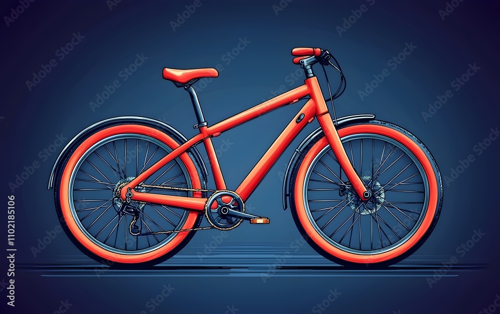 Fototapeta premium A vibrant orange bicycle stands against a deep blue background, showcasing a sleek design with modern features. Its bold color adds a playful touch to the artistic composition.