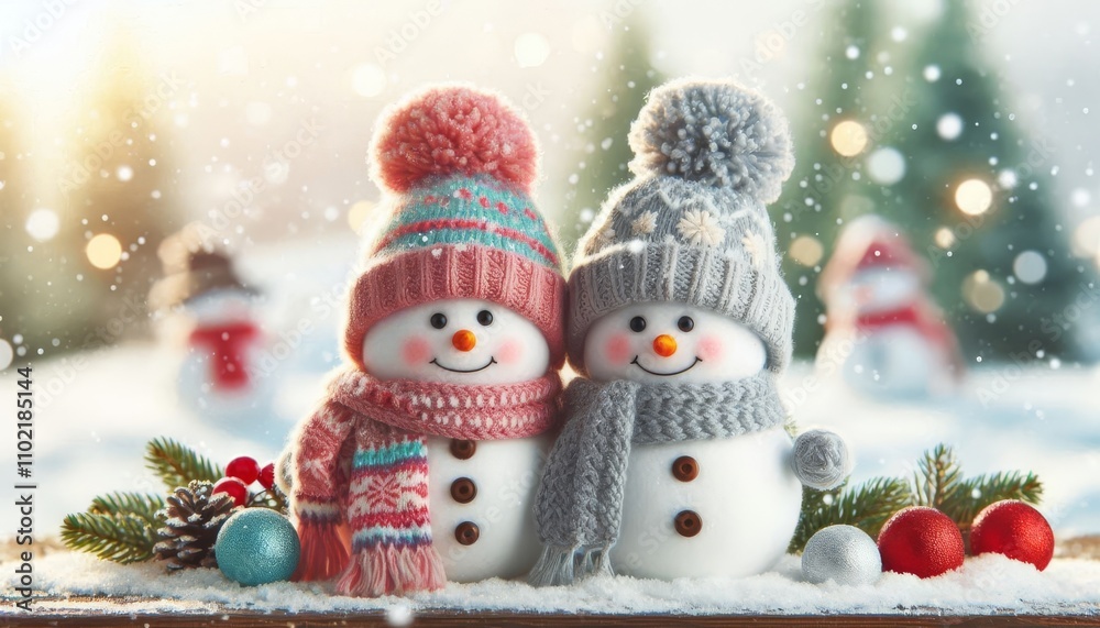 Two little lovely snowman in knitted skandi hat and scarfs standing in winter landscape. Merry Christmas and happy New Year greeting card Two little lovely snowman in knitted skandi hat and scarfs standing in winter landscape. Merry Christmas and happy New Year greeting card