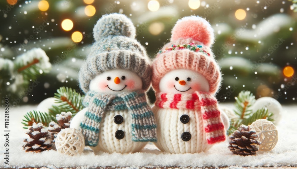 Two little lovely snowman in knitted skandi hat and scarfs standing in winter landscape. Merry Christmas and happy New Year greeting card Two little lovely snowman in knitted skandi hat and scarfs standing in winter landscape. Merry Christmas and happy New Year greeting card