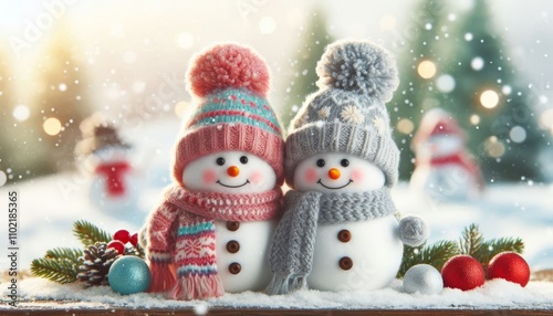 Two little lovely snowman in knitted skandi hat and scarfs standing in winter landscape. Merry Christmas and happy New Year greeting card