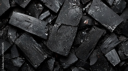 Close-up of shiny black anthracite coal with textured surface details