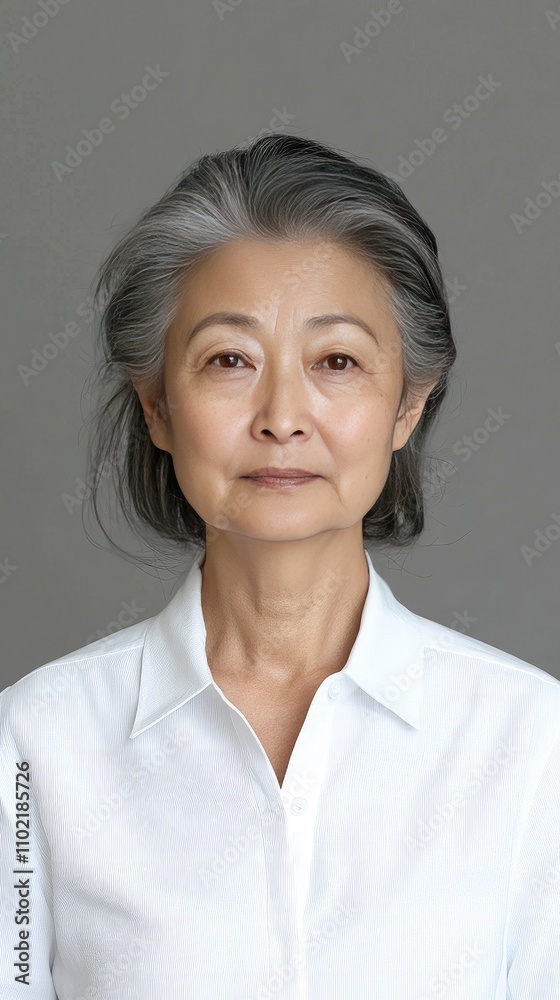 Portrait of a distinguished senior Asian woman with gray hair in a white shirt against a neutral background Portrait of a distinguished senior Asian woman with gray hair in a white shirt against a neutral background