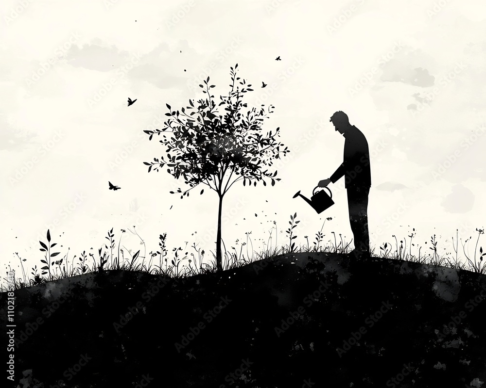 Businessman Nurturing a Growing Tree Symbolizing Long Term Business Expansion and Organic Growth Businessman Nurturing a Growing Tree Symbolizing Long Term Business Expansion and Organic Growth