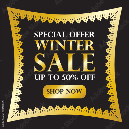 Promotional winter sale graphic for social media post or website with gold ornate frame. Luxurious design emphasizing discounts. Gold elements create elegance and sophistication. Seasonal promotions.