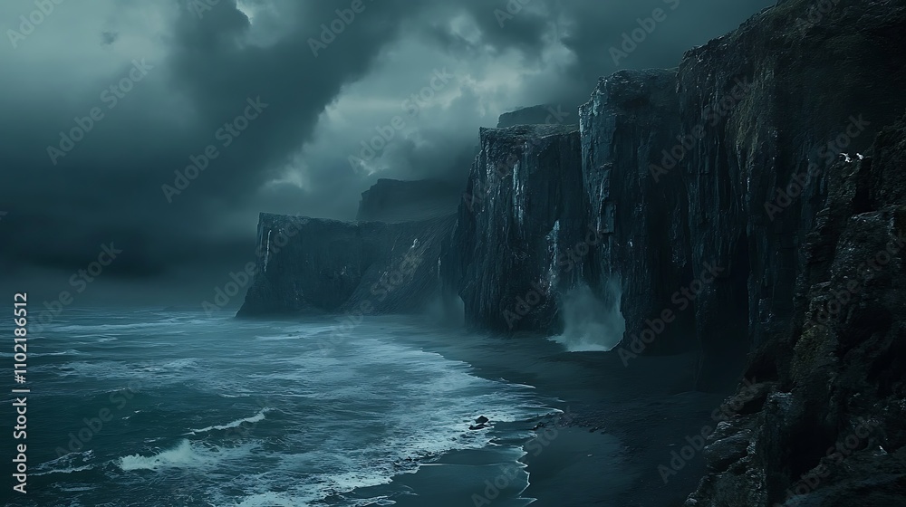 A dramatic view of rugged sea cliffs with black sand beaches below and storm clouds overhead A dramatic view of rugged sea cliffs with black sand beaches below and storm clouds overhead