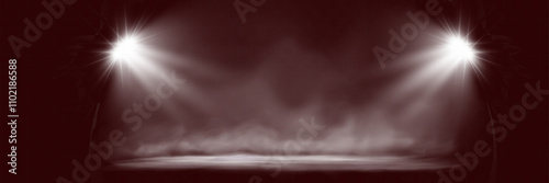 Spotlights with smoky background, dramatic stage lighting effect in dark atmosphere.