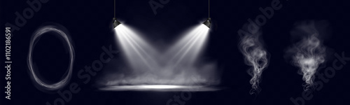 Spotlights with smoky background, dramatic stage lighting effect in dark atmosphere.