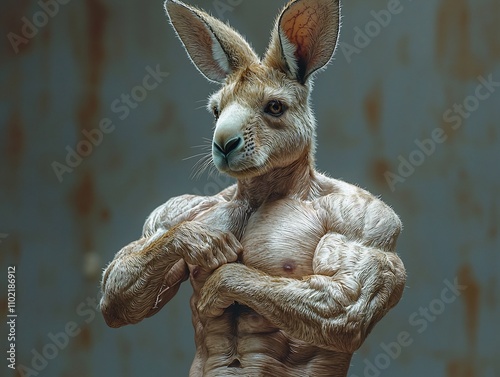 A Kangaroo Headed Bodybuilder Flexing Powerful Legs Symbolizing Agility and Explosive Strength photo