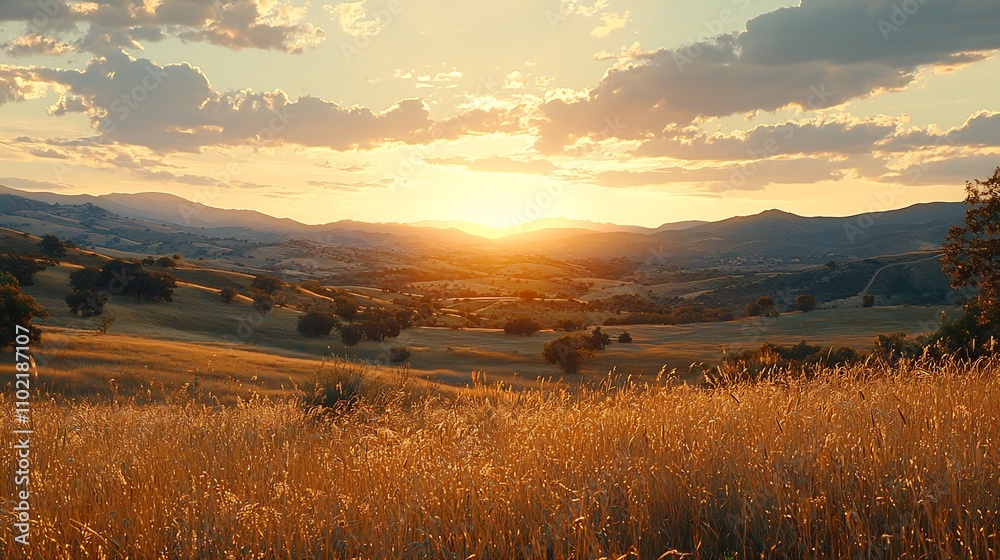 Warm Earthy Sunset Over Undulating Rural Landscape with Rolling Hills Warm Earthy Sunset Over Undulating Rural Landscape with Rolling Hills