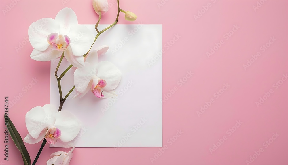 White orchids on a pink background with a white sheet of paper White orchids on a pink background with a white sheet of paper