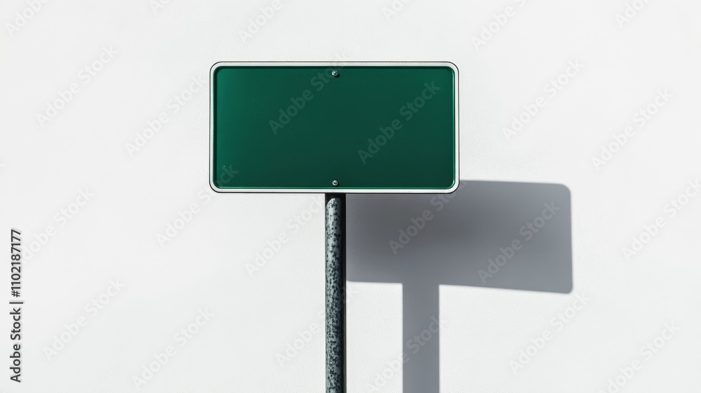 Blank Green Street Sign on Metal Pole with Shadow in Bright Light Blank Green Street Sign on Metal Pole with Shadow in Bright Light