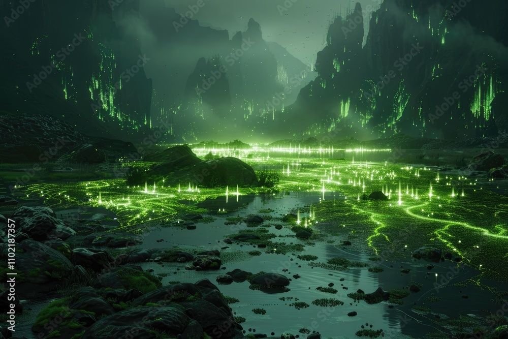 A Mystical Green Valley With Glowing Lights and Rocks A Mystical Green Valley With Glowing Lights and Rocks