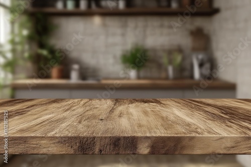 Wooden table top with a blurred kitchen background.