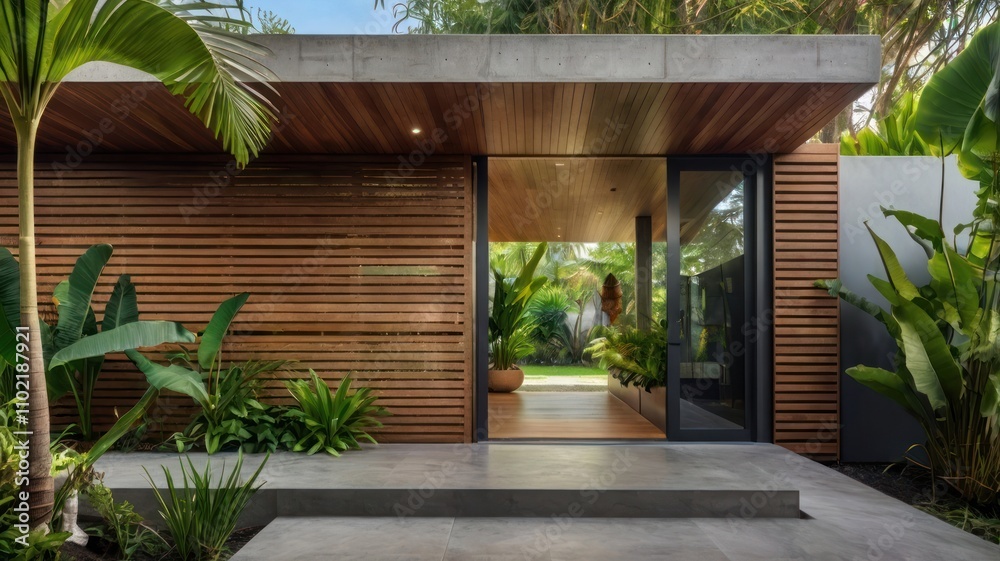 Fototapeta premium Modern tropical house entrance with wooden wall, glass doors, and lush landscaping.
