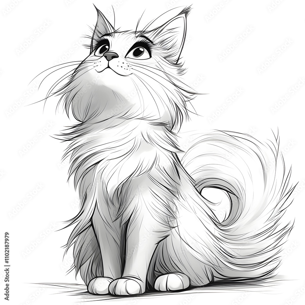 A whimsical illustration of a fluffy, white Persian cat sitting gracefully, with large expressive eyes and a playful demeanor, showcasing its detailed, flowing fur.