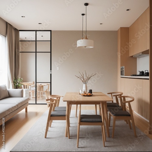 Minimalist, japandi interior design of modern living room with dining table.