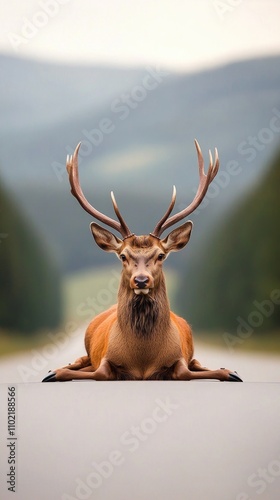 Majestic red deer resting on a car hood in the serene French countryside near Nantua photo