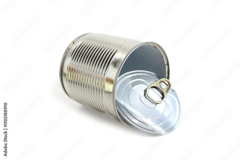 An empty aluminum can is on a white background. An empty aluminum can is on a white background.