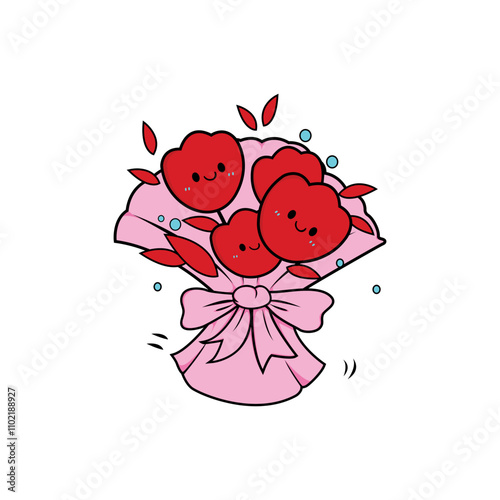 Illustration of a bunch of red flowers smiling kindly, flower vector, romantic cute