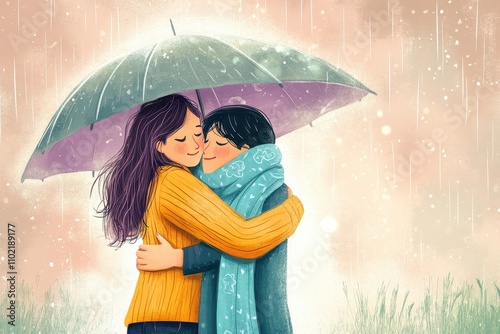 Two friends embracing under an umbrella while it rains in a serene landscape