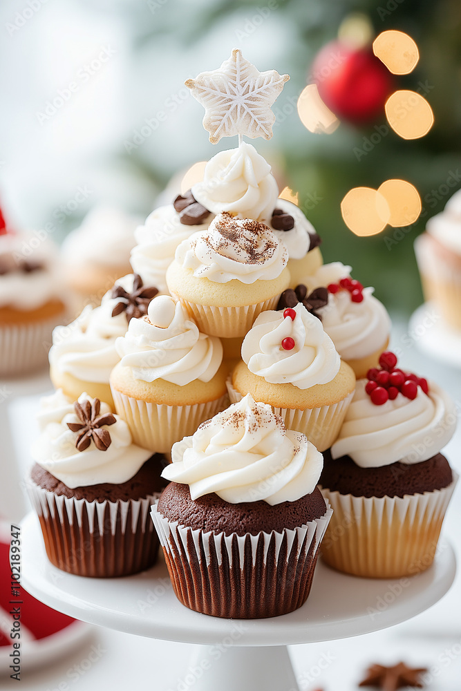 A white and brown cupcake tower with a star on top A white and brown cupcake tower with a star on top