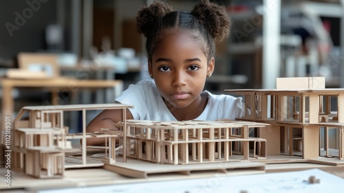 Childhood Dreams: Little African American Girl with Cardboard House for Inspiring Home Concept. Generative ai photo