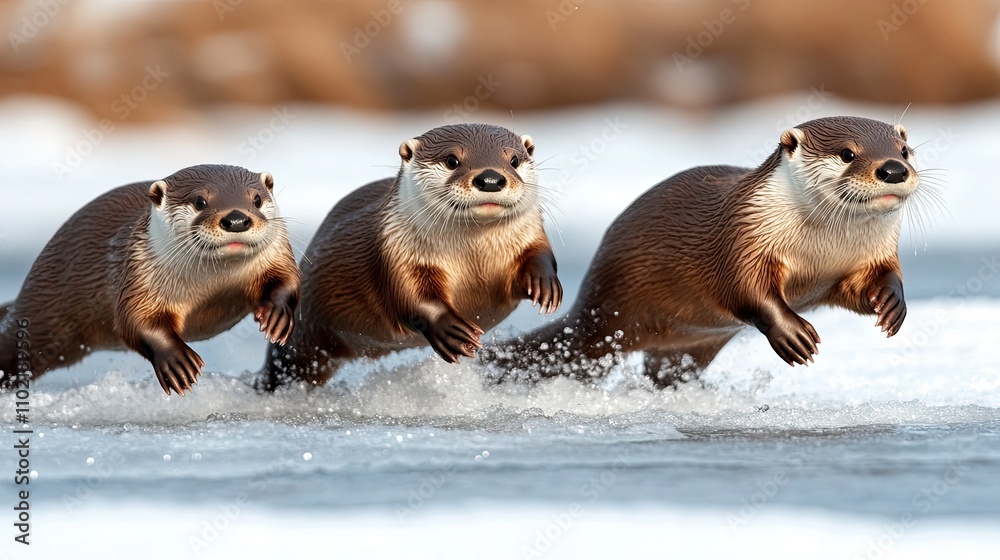 Fototapeta premium Otters gracefully jumping over ice on a wintry river, showcasing their playful spirit and agility in the cold climate