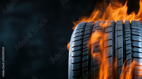Dynamic black tire engulfed in flames showcasing burning rubber against a dark backdrop