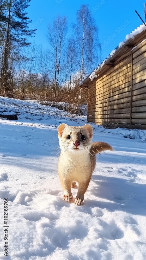 Weasel explores the snowy landscape with grace, showcasing nature's elegance in winter sunlight Weasel explores the snowy landscape with grace, showcasing nature's elegance in winter sunlight