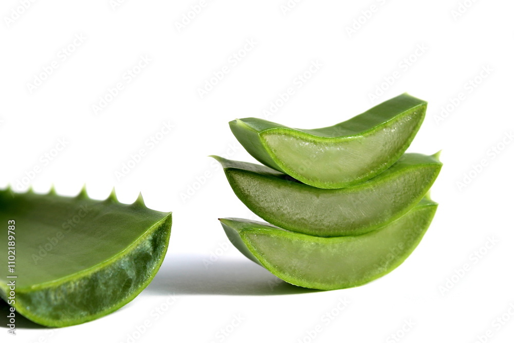 Several pieces of aloe leaves lie on a white background. Several pieces of aloe leaves lie on a white background.