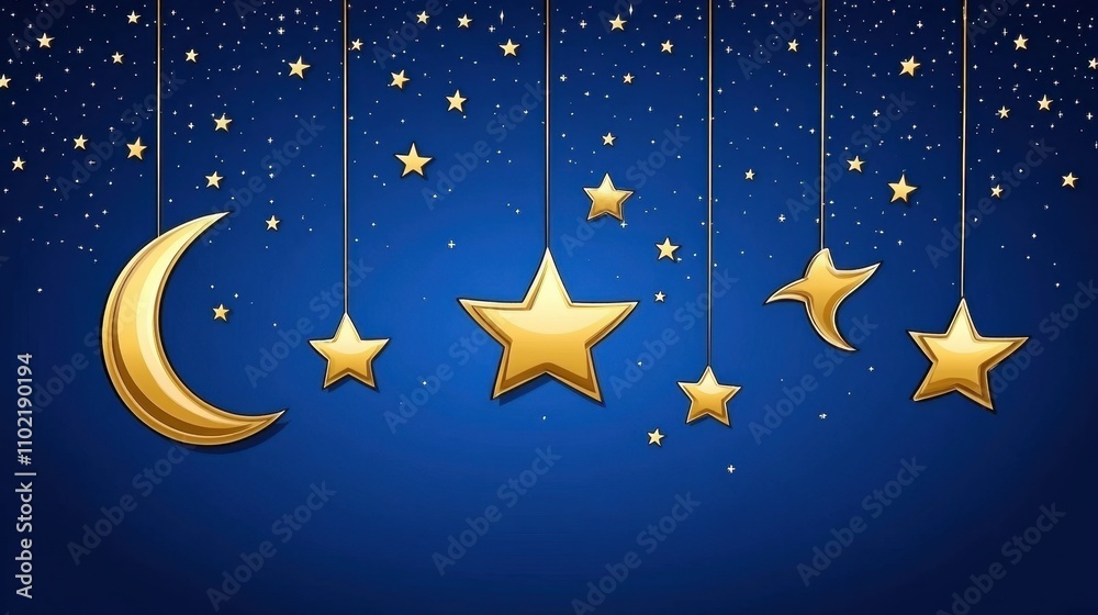 Naklejka premium Celestial Night Sky with Hanging Golden Stars and Crescent Moon