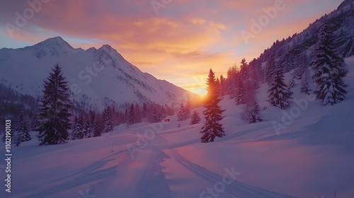 Majestic sunrise over snow-covered mountains illuminating a tranquil winter landscape