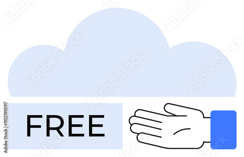 Cloud shape with outstretched hand and bold FREE text. Ideal for data storage, tech, cloud services, giveaways, promotions, free trials, digital marketing. Line metaphor