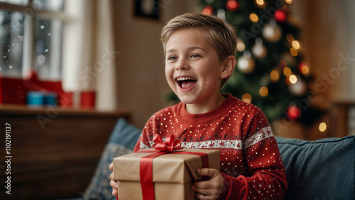 Excited boy with his christmas gift. Chrismas background