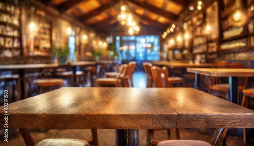 Wooden board empty table in front of blurred background Mockup restaurants, Kitchen