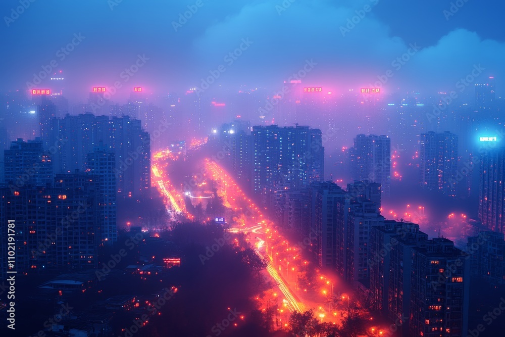An urban cityscape at night with efficient LED streetlights and minimal energy use, celebrating National Energy Conservation Day. Generative AI An urban cityscape at night with efficient LED streetlights and minimal energy use, celebrating National Energy Conservation Day. Generative AI