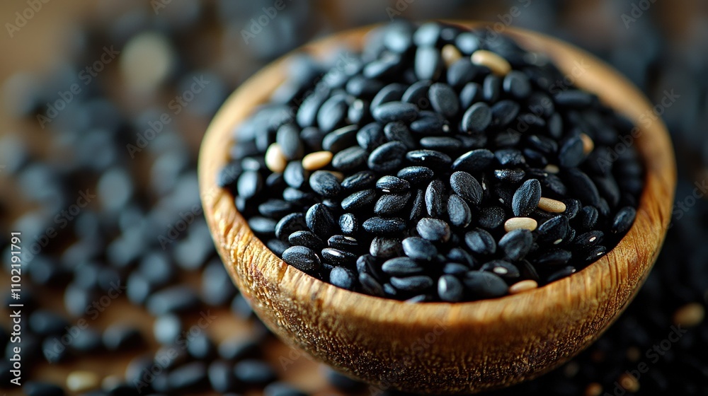 Close-up of black sesame seeds in a rustic wooden bowl Close-up of black sesame seeds in a rustic wooden bowl