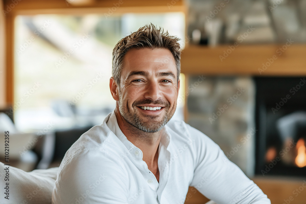 Fototapeta premium Smiling man relaxes in cozy home