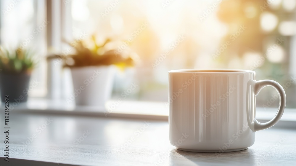 Fototapeta premium A serene morning scene featuring a white coffee mug on a table, with sunlight streaming through a window and potted plants in the background.