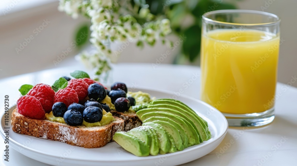 Healthy Breakfast Plate with Toast, Berries, Avocado, and Juice